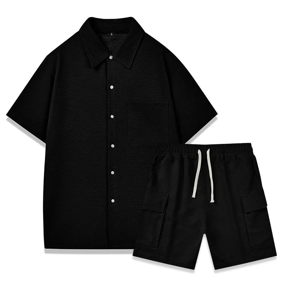 Women's beige polyester short sleeve top and elastic waist shorts two-piece set