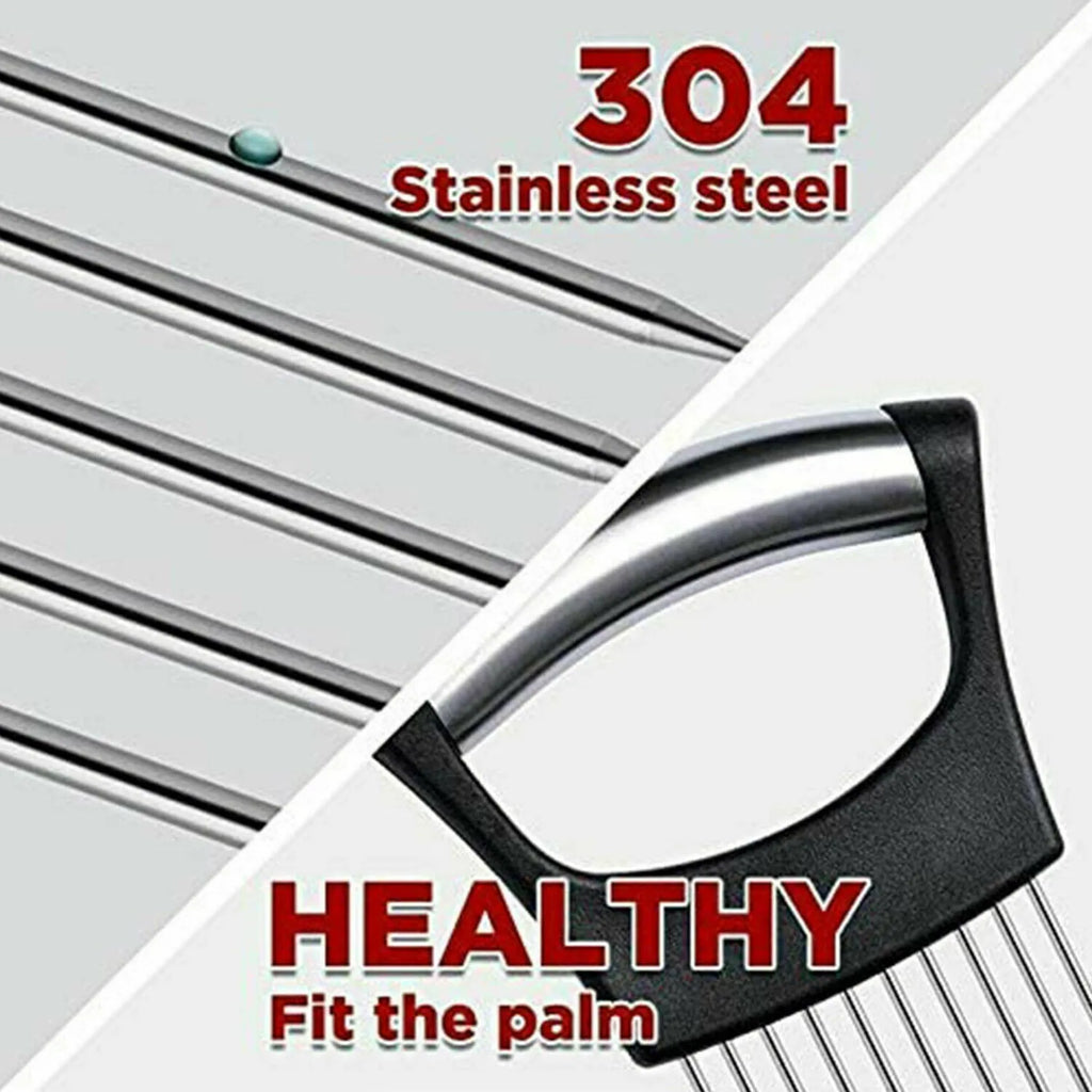 Stainless steel and ABS kitchen food slicer and onion holder on a work surface