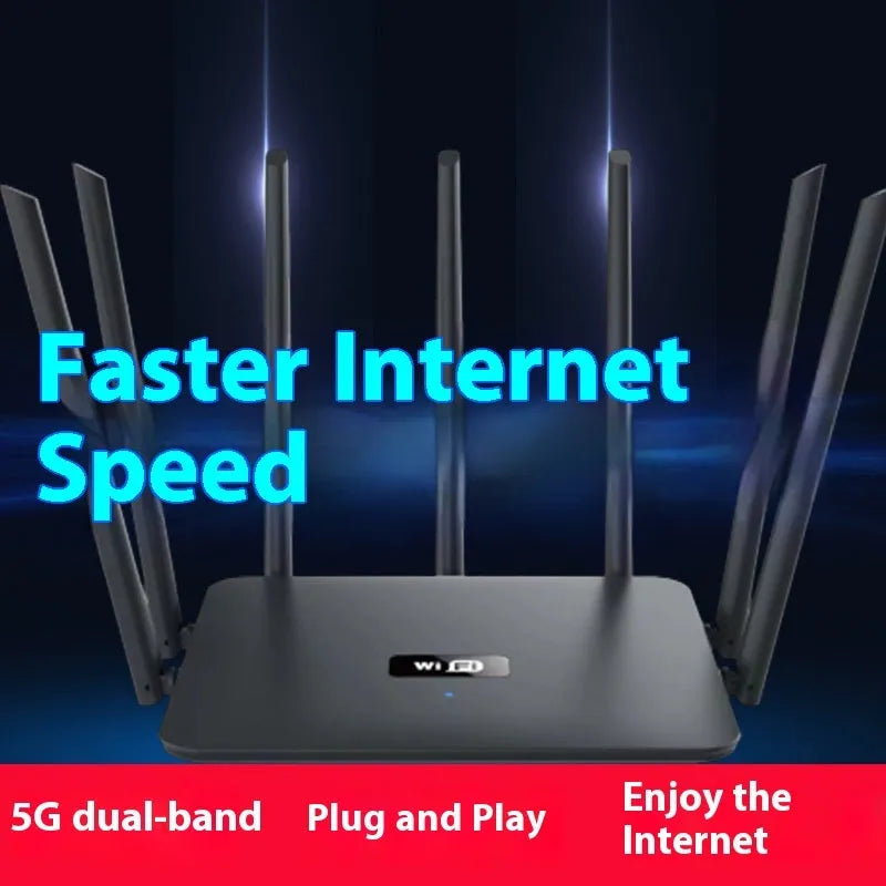 Black and white dual-band 5G Gigabit router with multiple antennas for through-wall whole home WiFi coverage