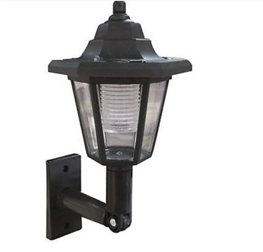 Black hexagonal solar-powered outdoor wall lamp with light sensor and IP44 waterproof rating