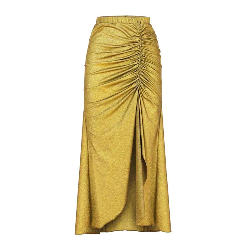 Women's yellow high-waist bikini two-piece swimsuit with a matching skirt laid flat.