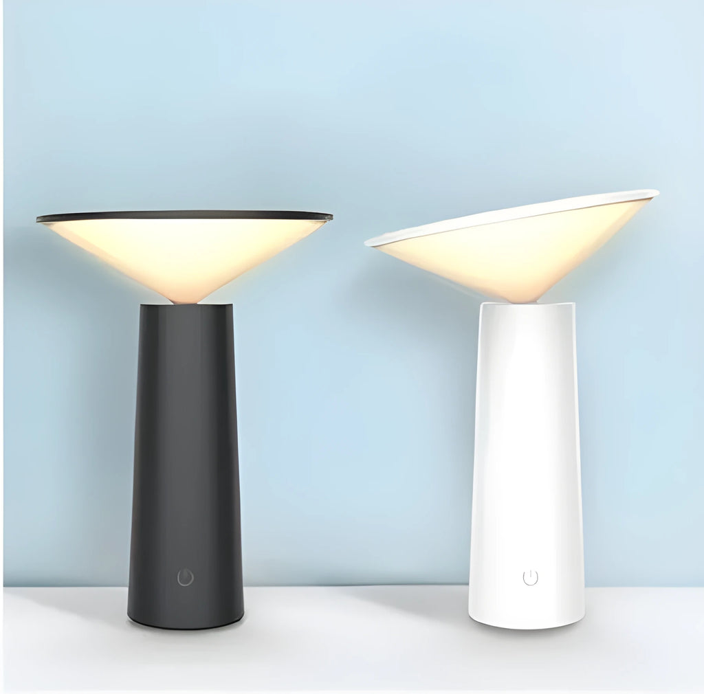 Black and white USB rechargeable LED desk lamp with a touch sensor and adjustable lamp head.