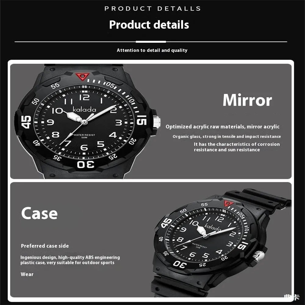 Men's sports luminous pointer quartz watch with black dial and sports bracelet