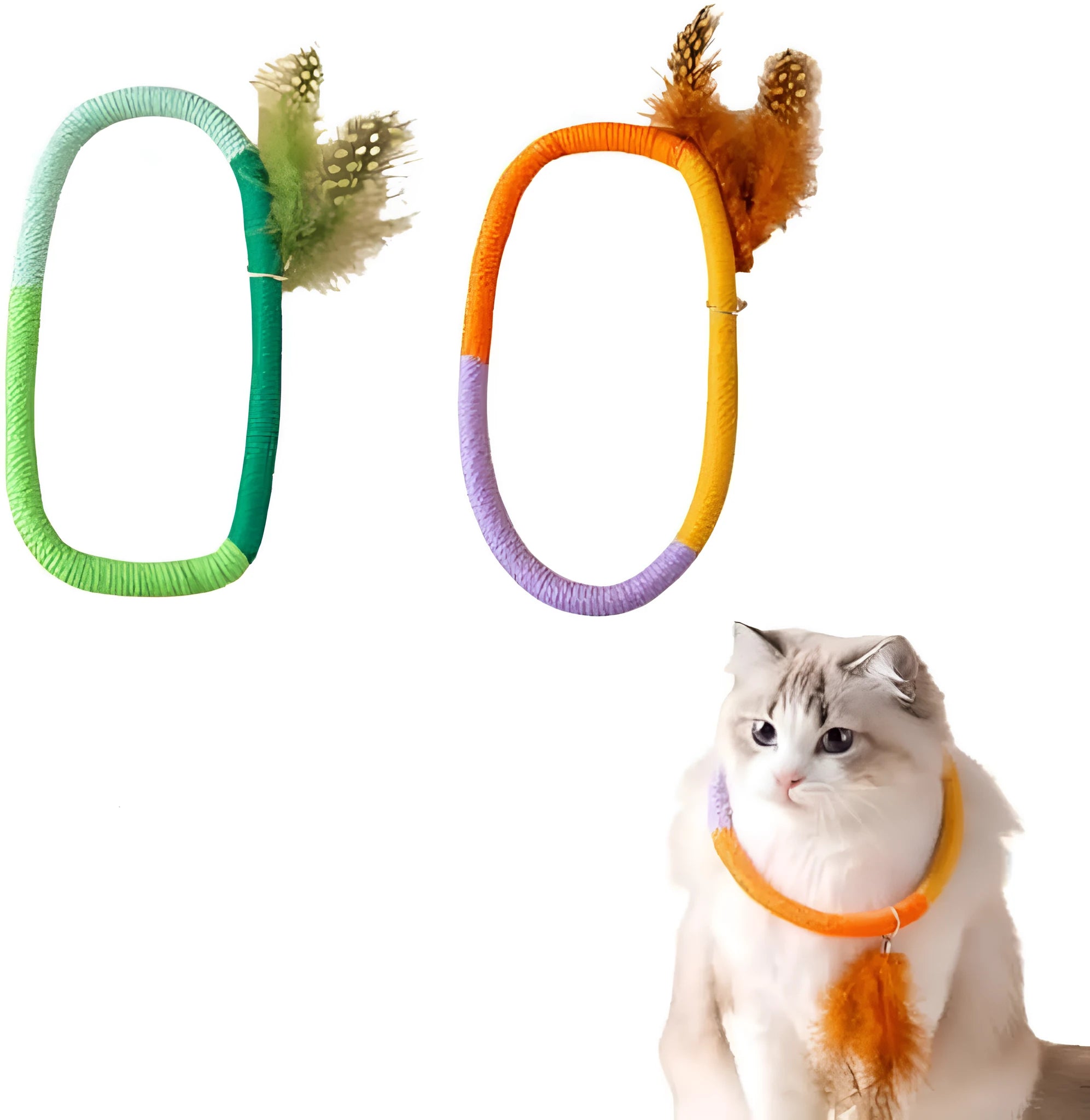 Circular cotton rope cat toy with feathers and catnip filling for indoor feline play