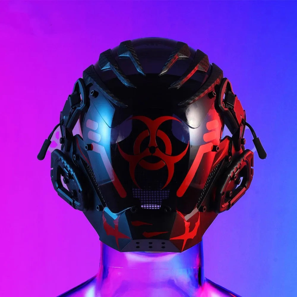 Black Bioweapon tech-style full face prop mask helmet for costumes.