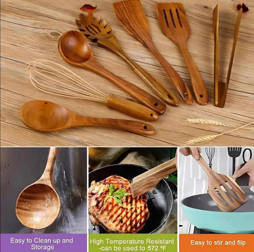 Seven-piece wooden cooking utensil set with spoon and shovel designs for non-stick pans