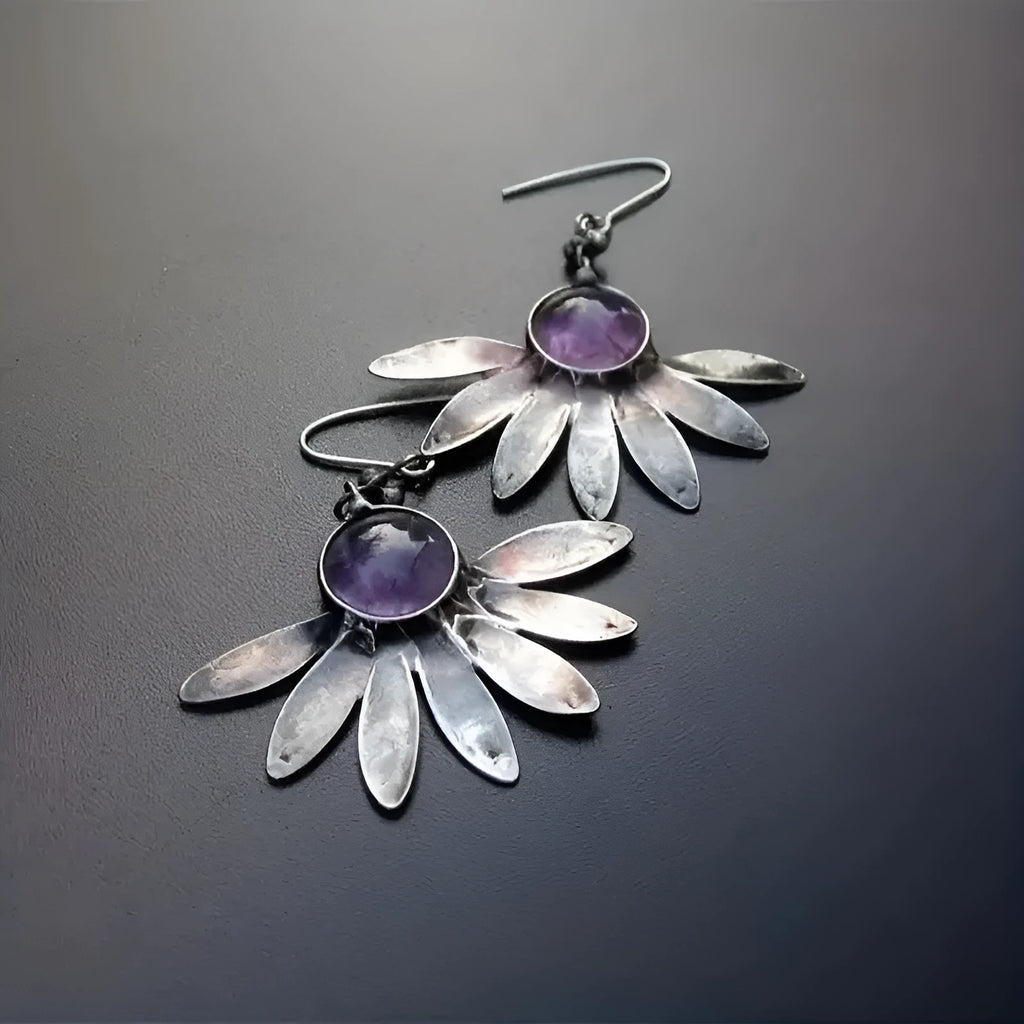 Purple Bohemian zodiac animal earrings with resin gemstone details on alloy base