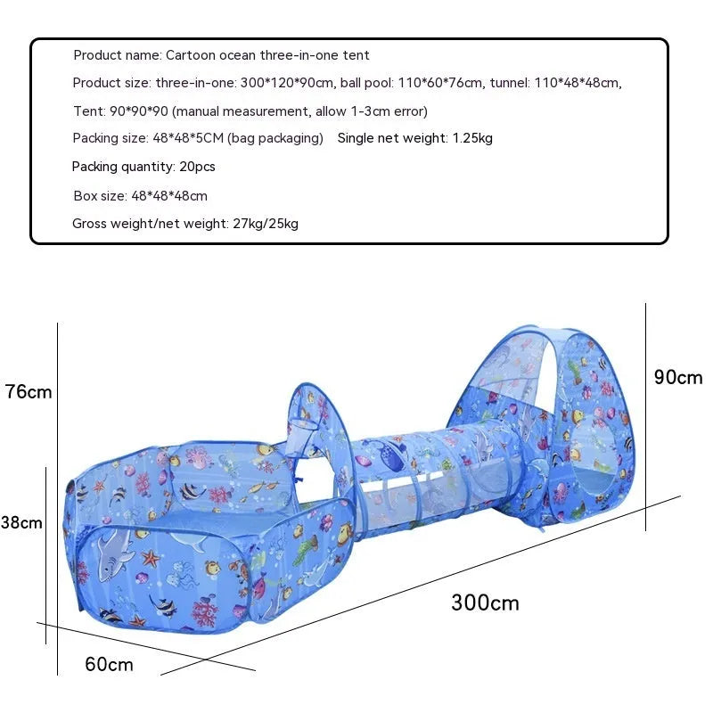 Cartoon marine themed three-in-one children's fabric play tent with ball pool tunnel
