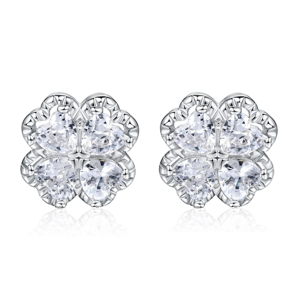 Zeng Yin white gold colour heart-shaped earrings with four-leaf clover design and zircon stones