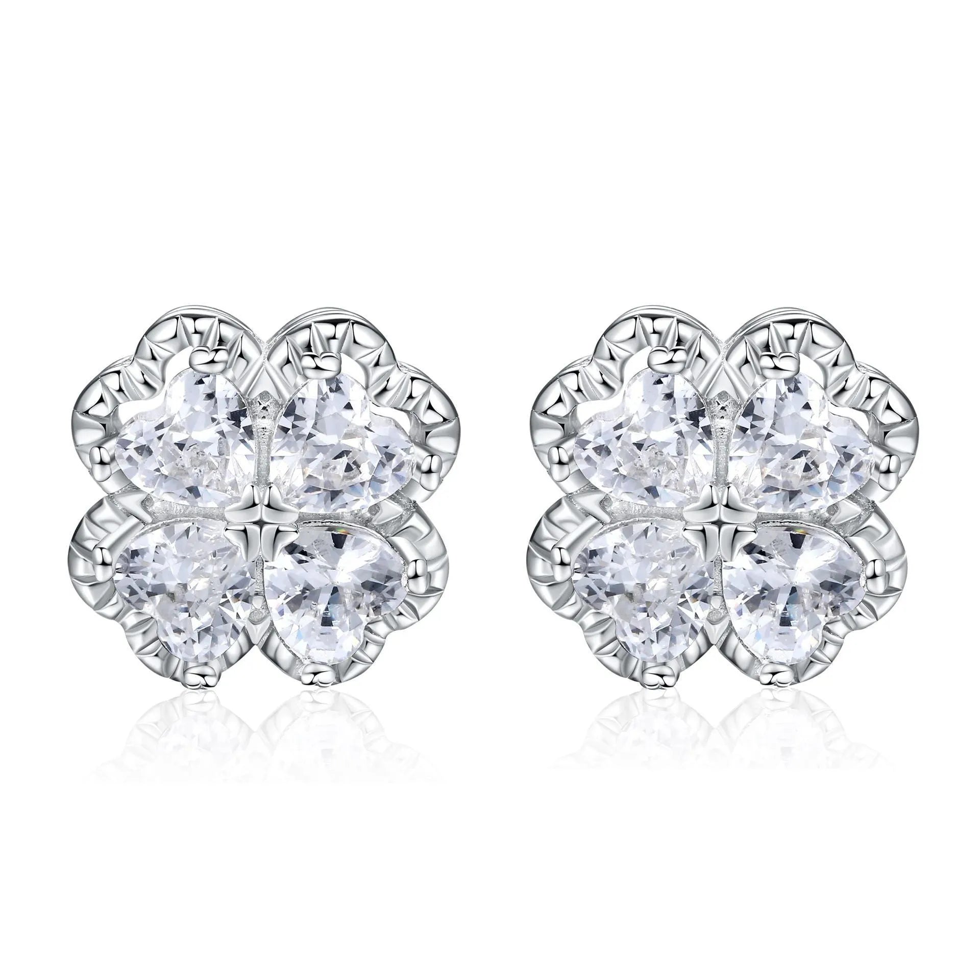 Zeng Yin white gold colour heart-shaped earrings with four-leaf clover design and zircon stones