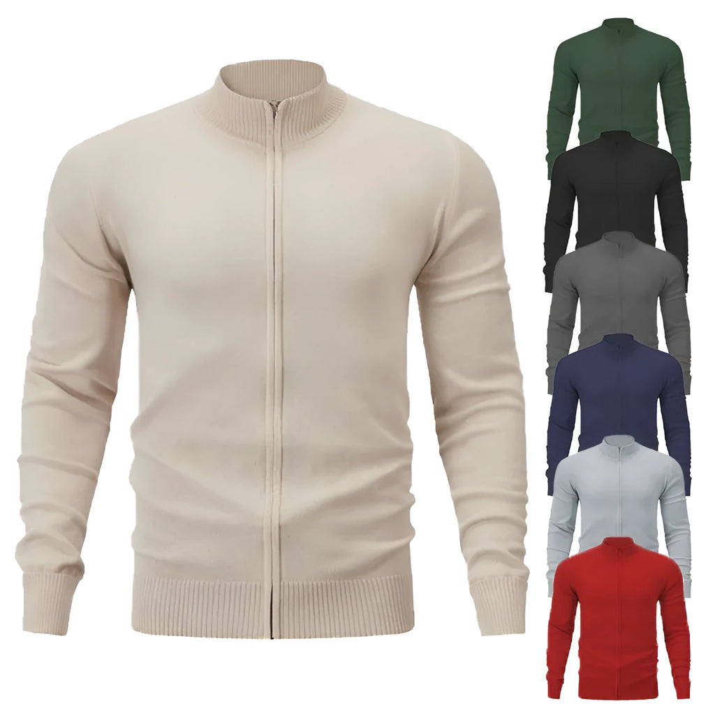 Man wearing a grey stand collar zip-up casual sweater