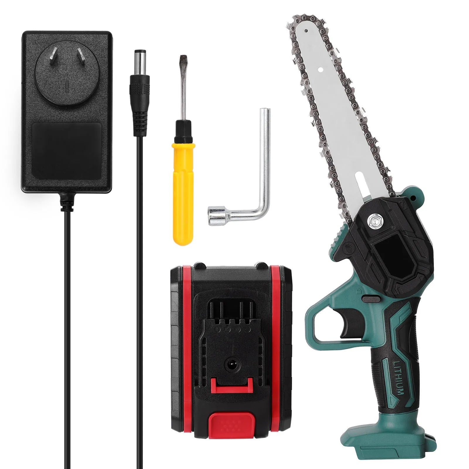 Black mini electric chainsaw with 4-inch guide bar showing compact one-hand design