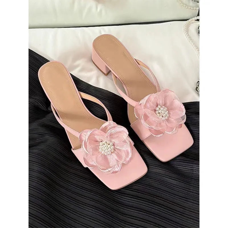 Korean style women's sandals with chunky heel, square toe, and satin upper in cream-white colour.