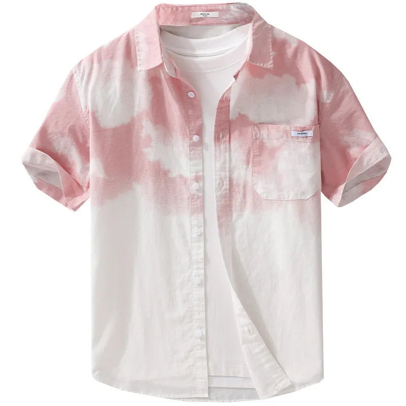 Men's light pink loose fit short sleeve cotton cardigan shirt front view