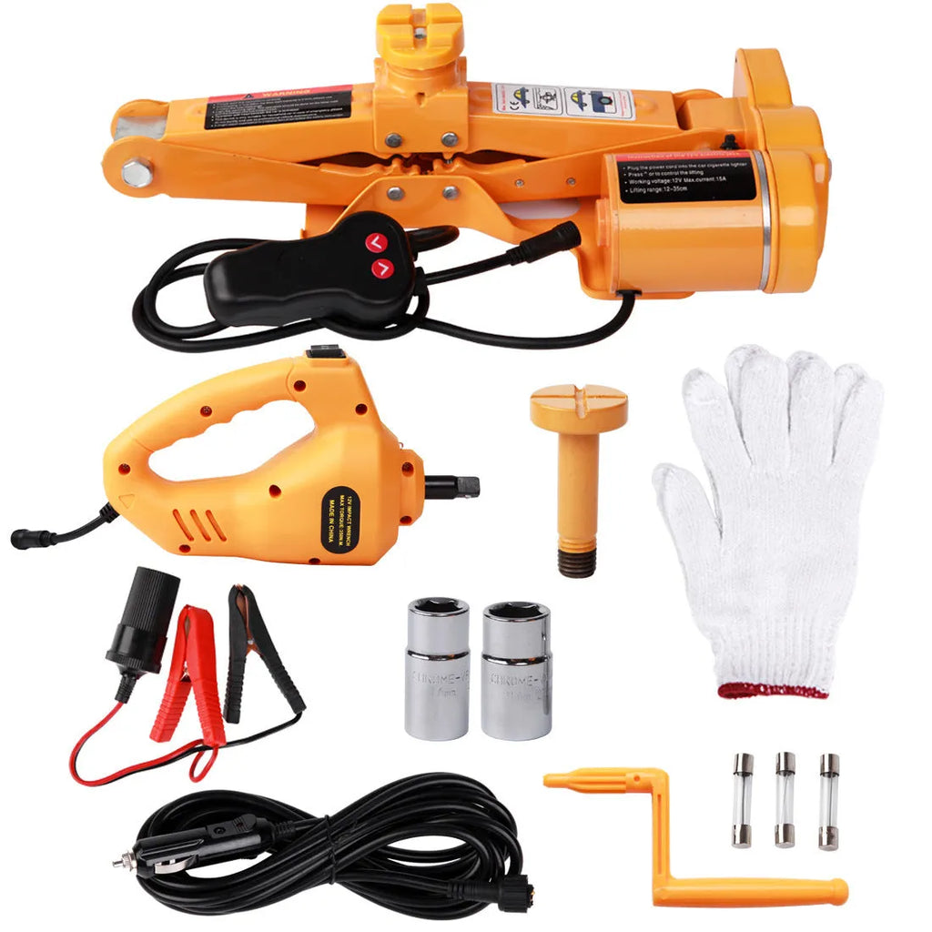 Yellow electric car jack and wrench set for vehicle lifting and tyre changes