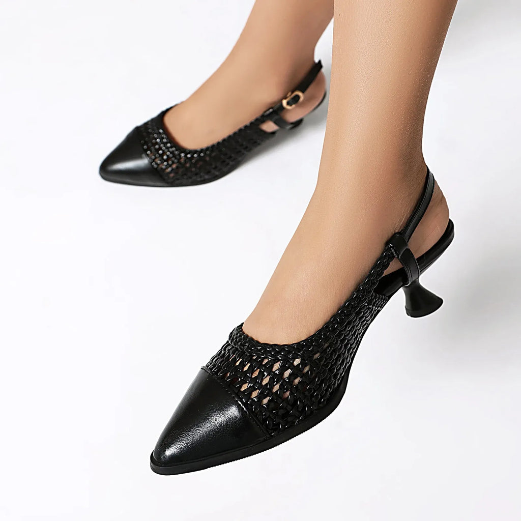 Women's black cat heel sandals with buckle closure and pointed toe.