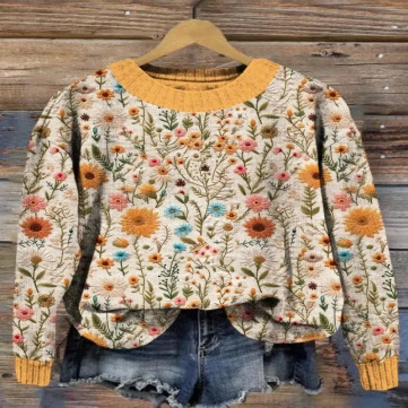 Little flower digital printed round neck sweater showing floral pattern on polyester fabric.