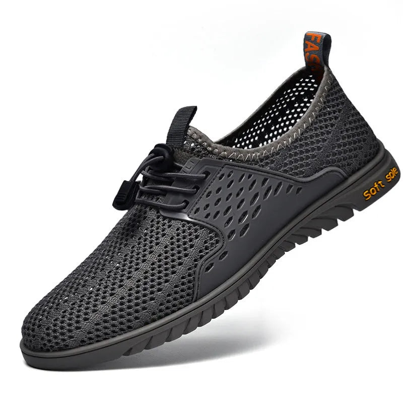 Men's breathable mesh casual shoes in sand colour with elastic band and rubber sole.