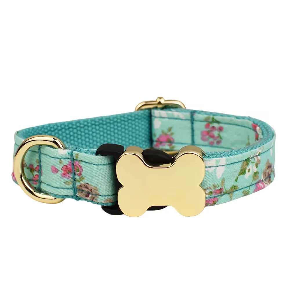 Flat fabric printed grid nylon dog collar with bone buckle in multiple colour options