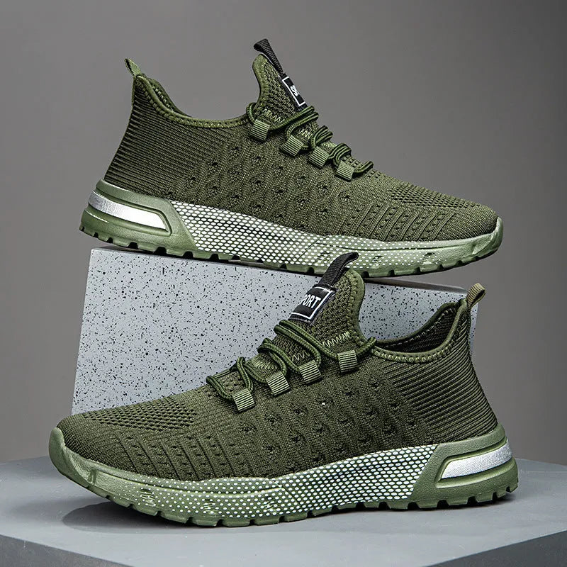 Men's solid colour casual shoes with mesh upper in army green, shown from the side.