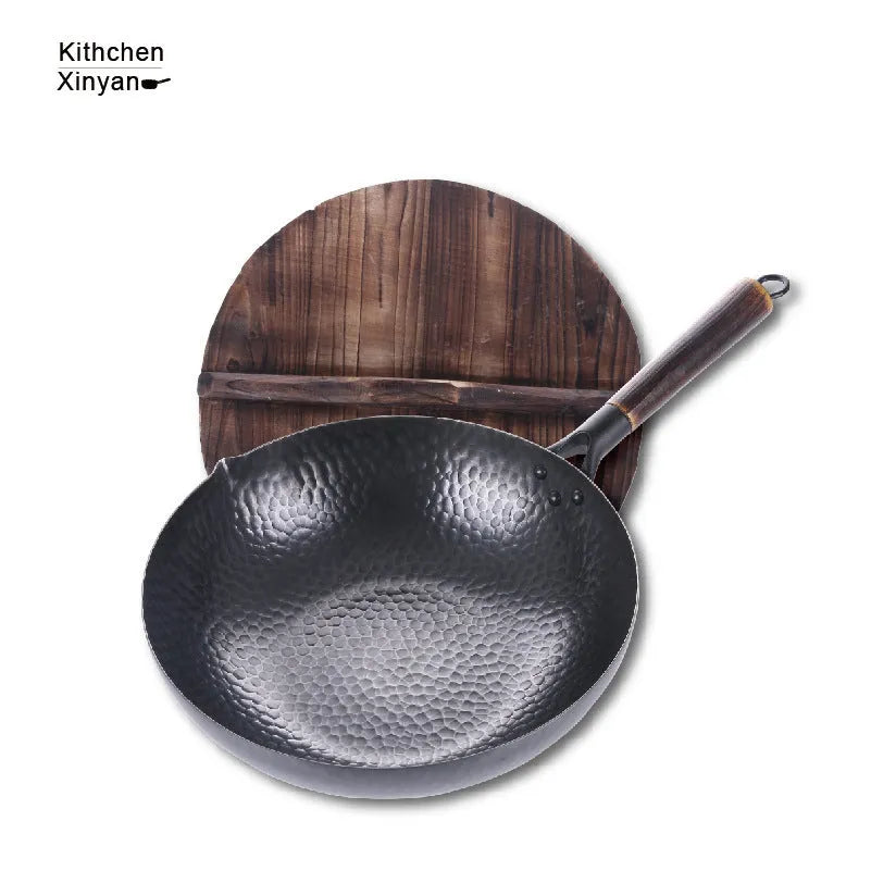 Traditional black iron wok pan with wooden handle and glass lid option