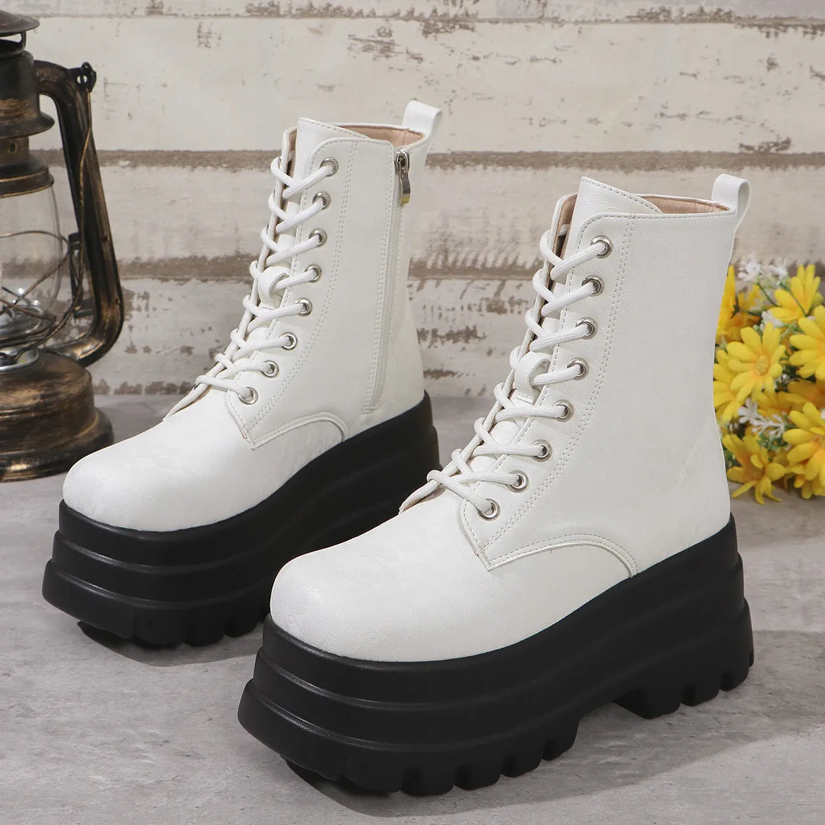 Women's retro platform boots with patchwork design, chunky mid heel, and side zipper in black, white, or green