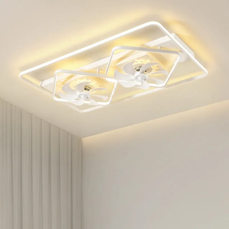 Modern style white ceiling fan with light, plastic blades and acrylic shade, shown mounted on a ceiling.