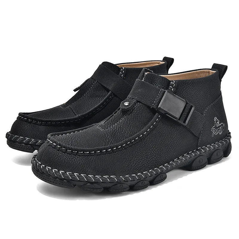 Handmade sewing casual slip-on flat shoes in black, brown, and green PU leather.