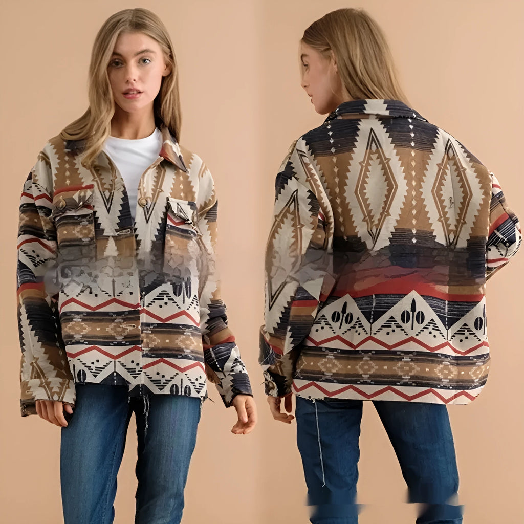 Women's retro Aztec print woolen jacket in loose fit design with long sleeves