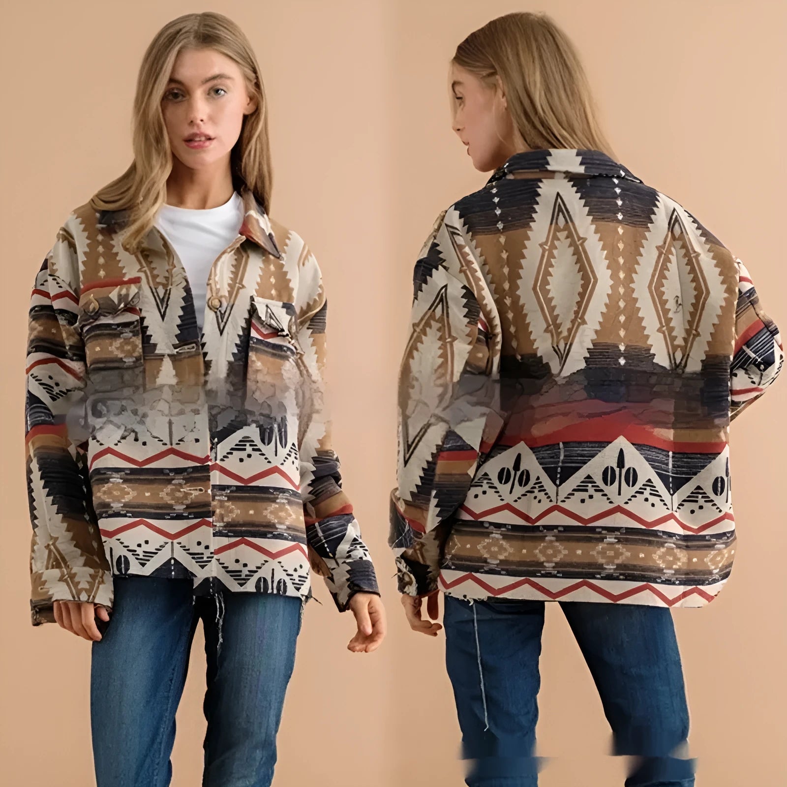 Women's retro Aztec print woolen jacket in loose fit design with long sleeves
