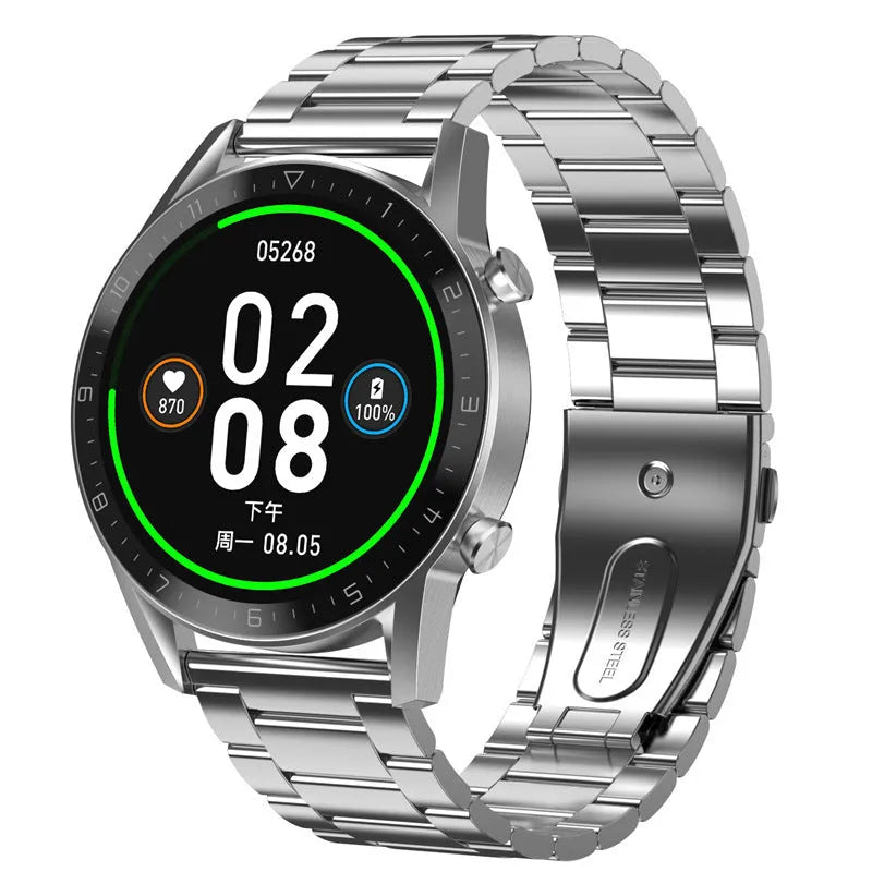 Multifunctional sports watch with black genuine leather strap and 1.3 inch touchscreen displaying step count
