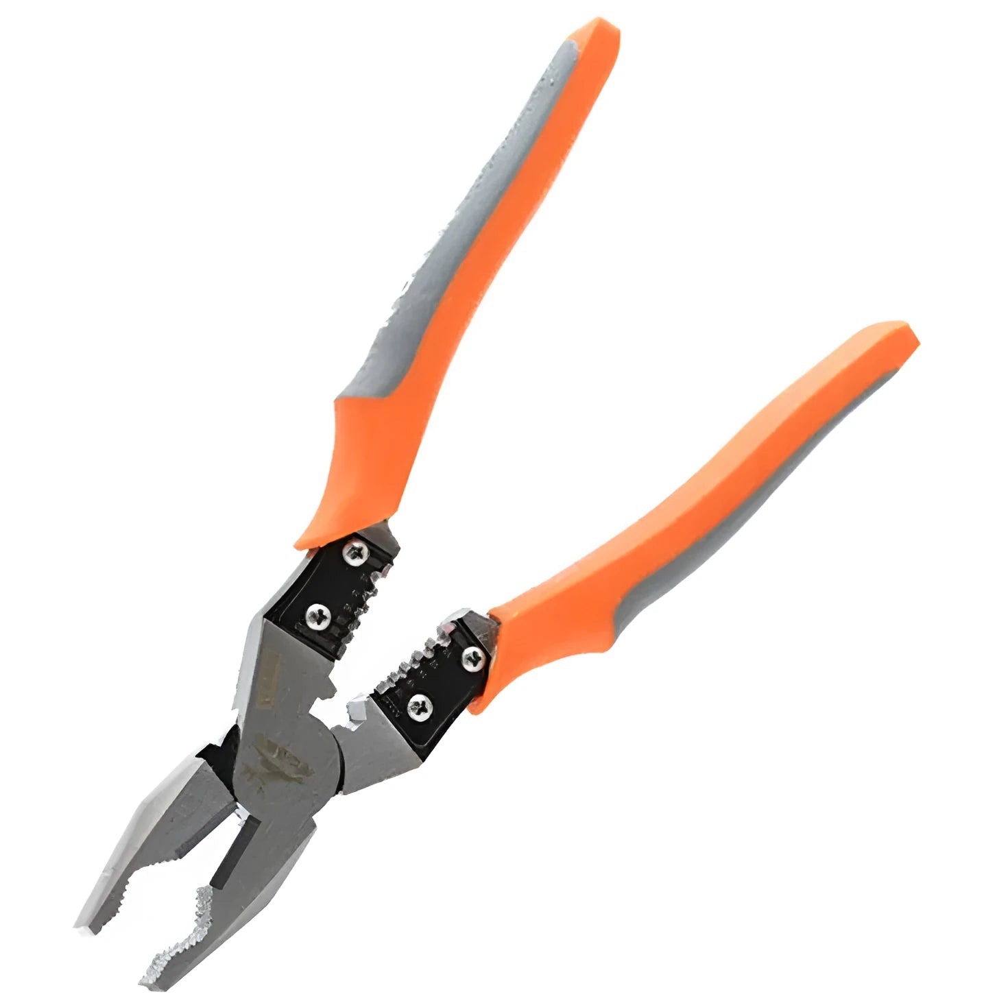Orange handled multi-function wire cutter pliers with chrome steel jaws on a workbench.