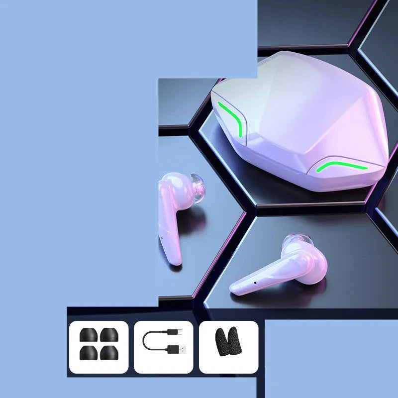 Wireless Bluetooth gaming earbuds with a portable charging case, shown in multiple colour options.