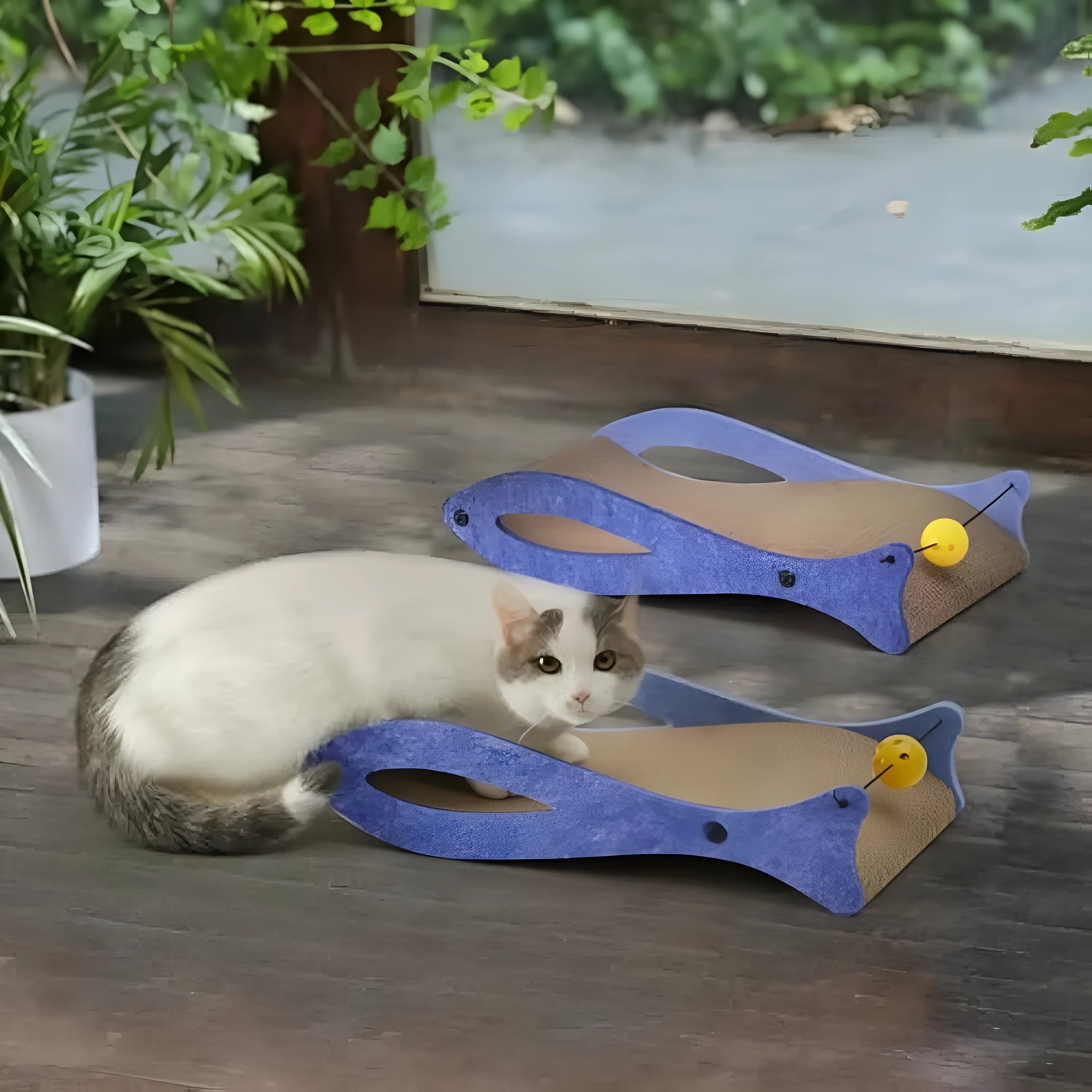 Blue fish-shaped cardboard cat scratcher lounge with bell ball toy for indoor cats
