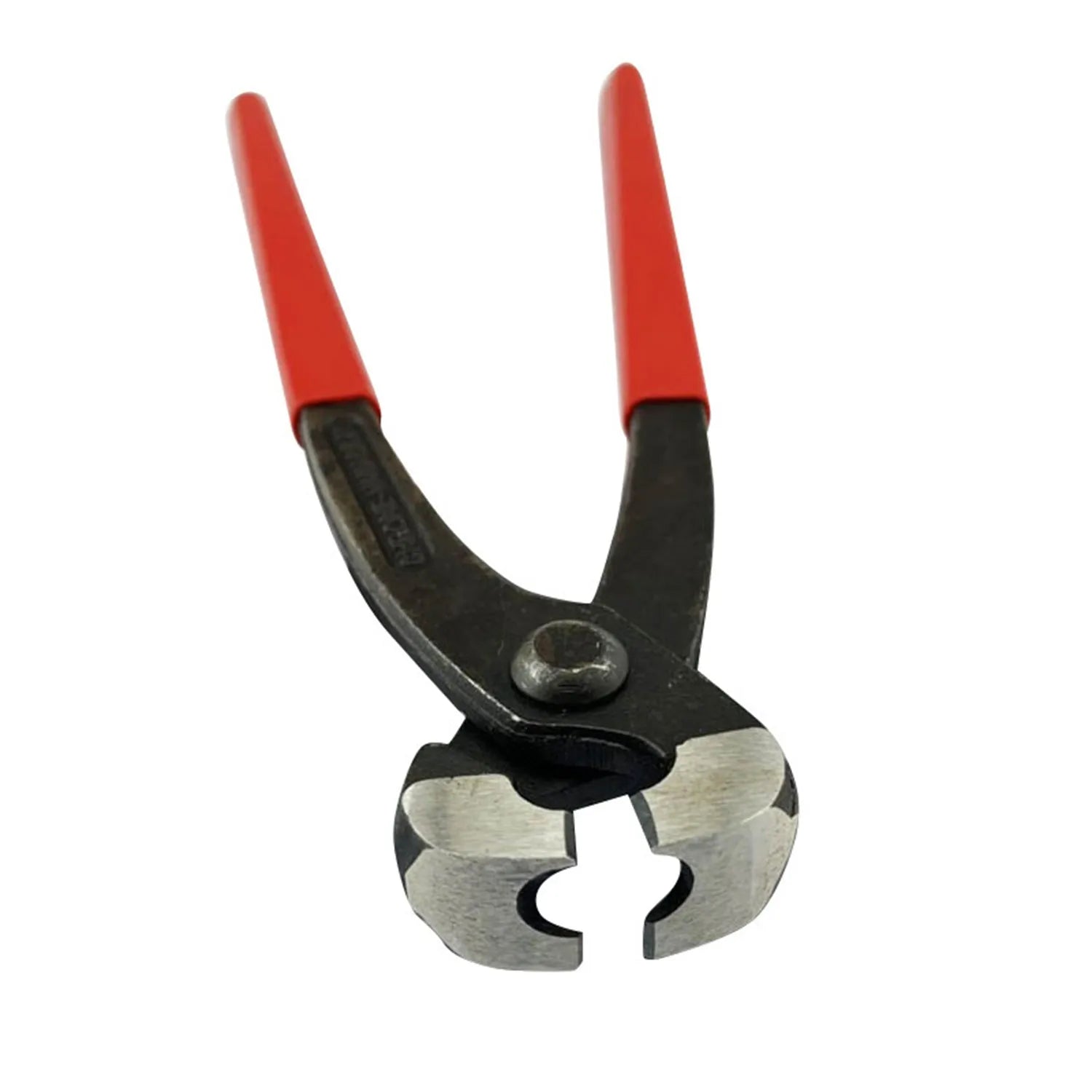 Red cloth covered single ear metal PEX hose clamp with bolt.