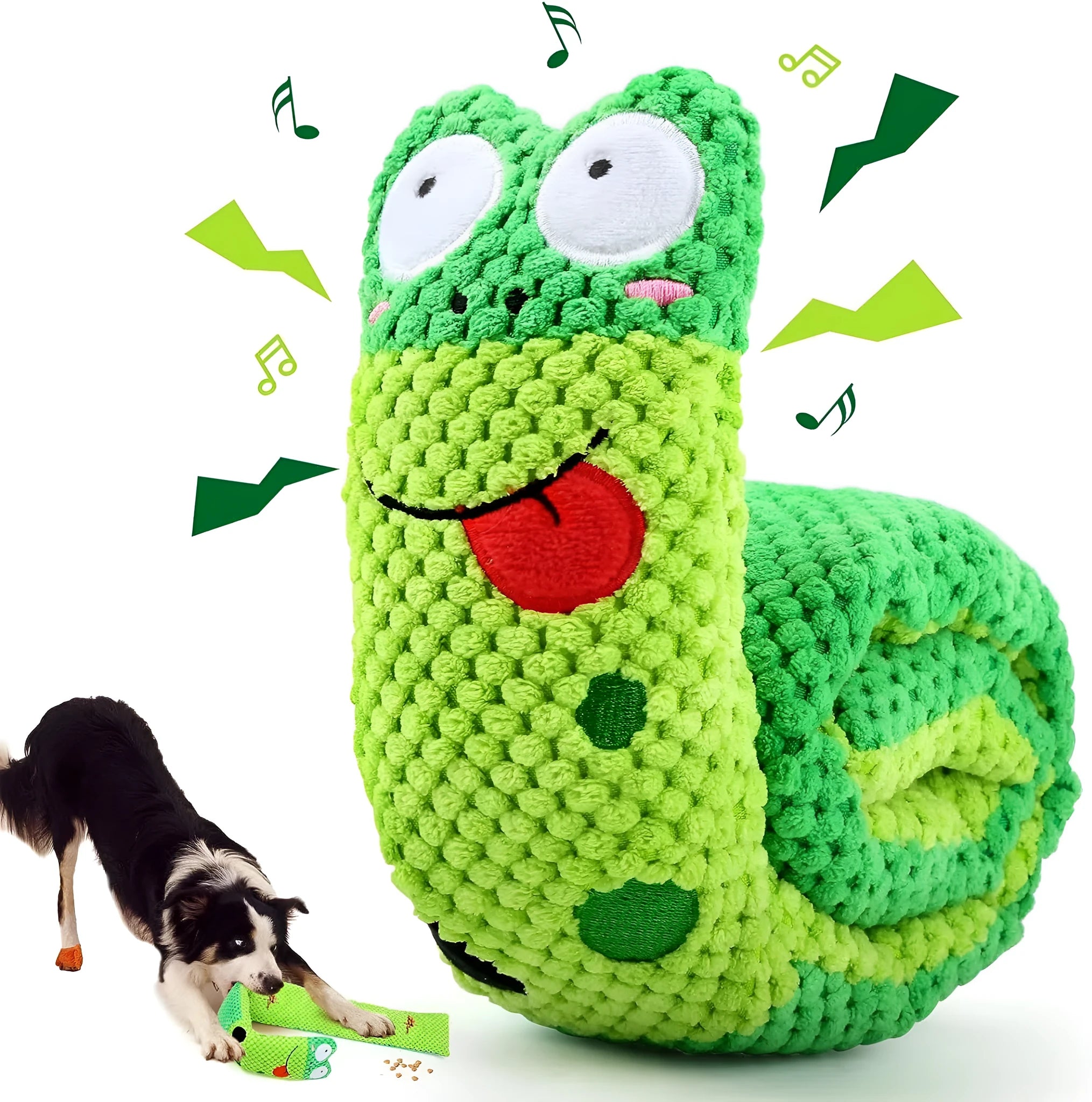 Convertible squeak dog toy in snail shape with hidden food holes for foraging training