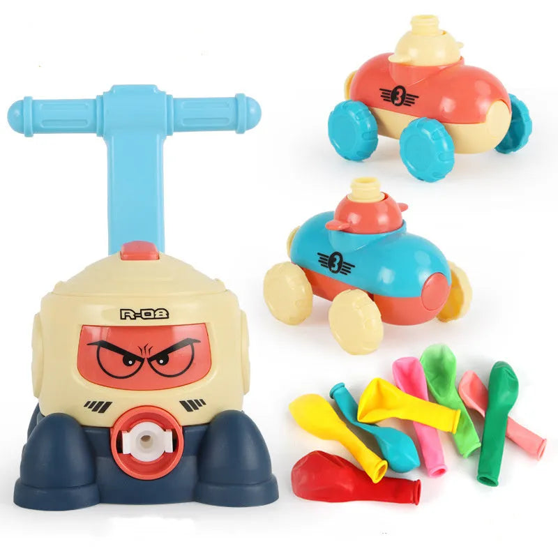 Balloon launch tower toy car with inflated balloon on a white surface