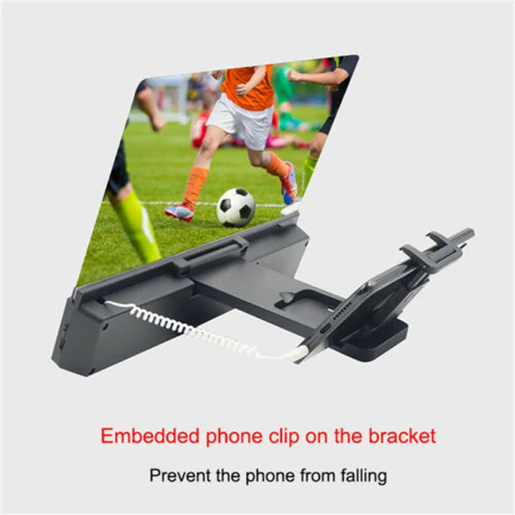 12-inch mobile phone screen amplifier with flexible stand and built-in speaker on a table