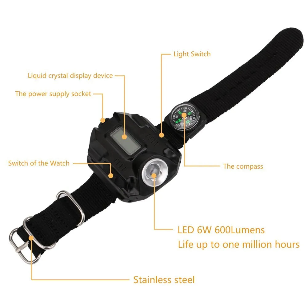 Black LED watch flashlight on wristband with compass and time display