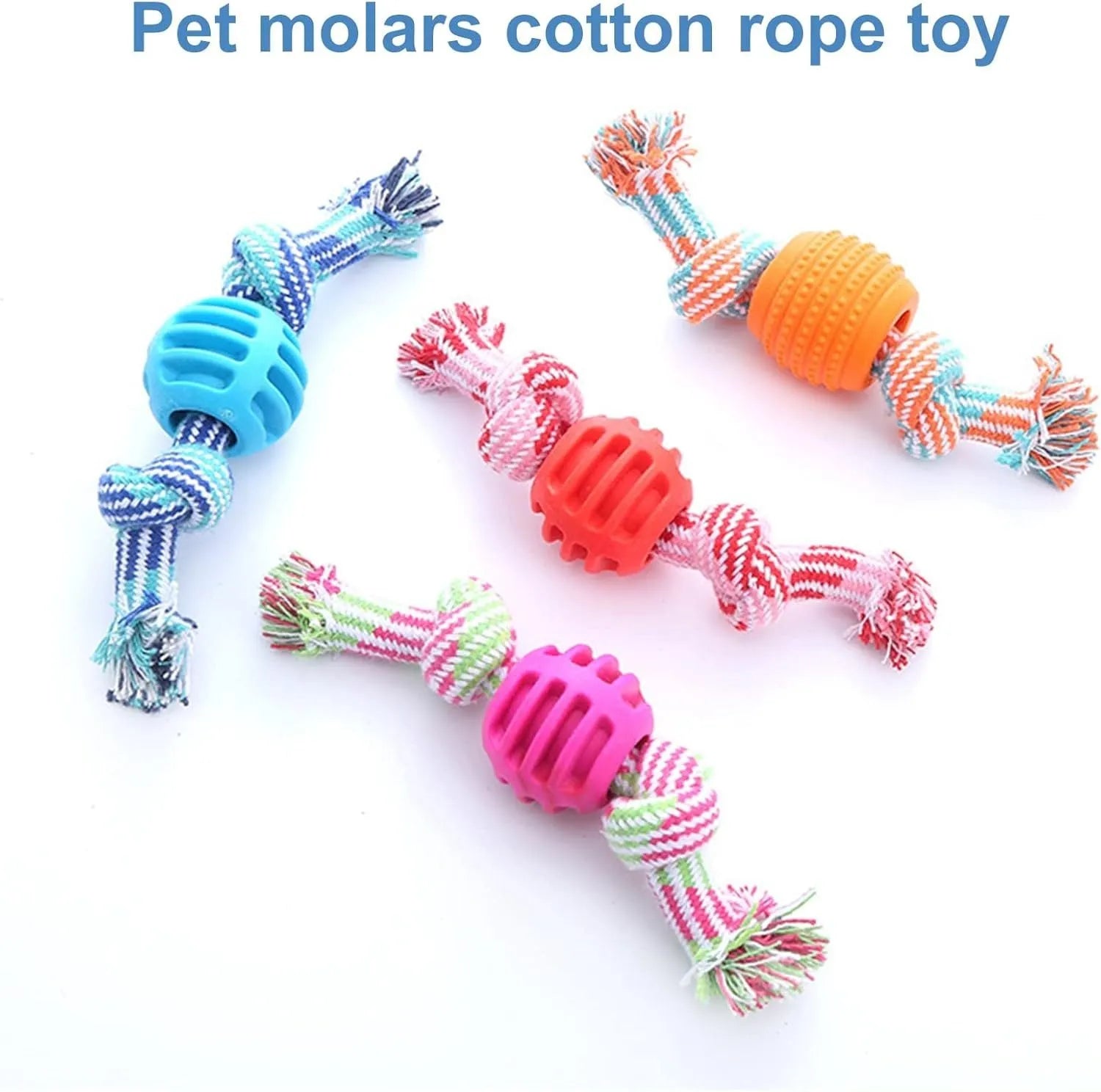 Blue dog chew toy with integrated rope cord for dental cleaning and oral health maintenance