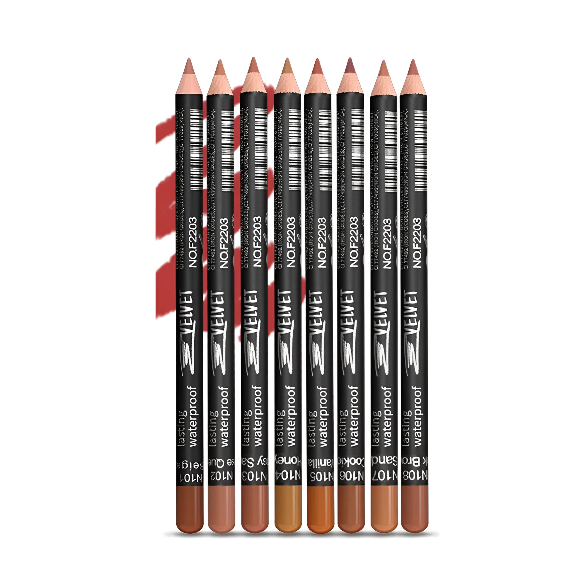 Matte lip liner pencil in a wooden tone shade from a set of 14 colours, shown on a hand.