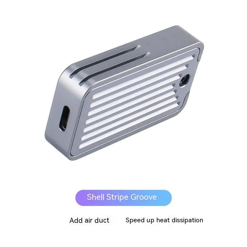 Aluminium alloy NVMe SSD enclosure measuring 5.2cm x 2.8cm with USB-C port