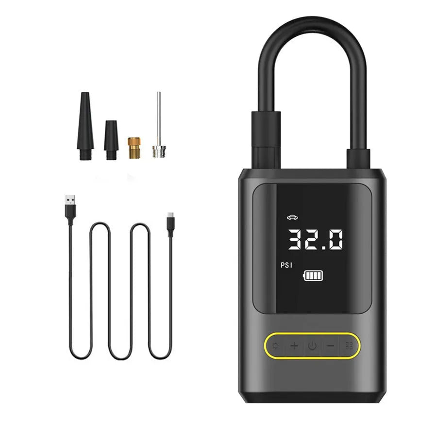 Handheld wireless digital air pump with LED display on black ABS body, showing pressure readout