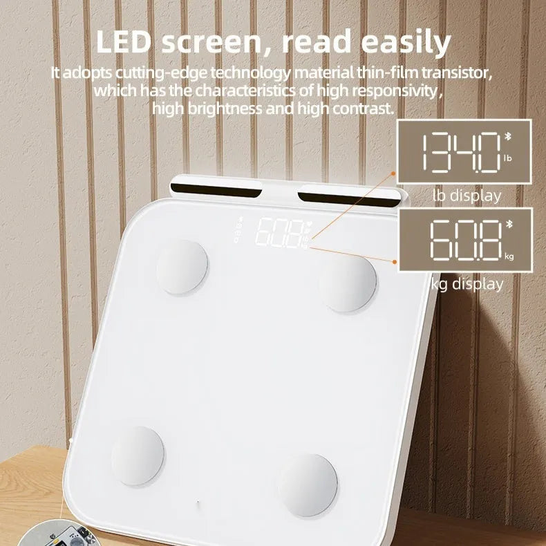 White professional body fat scale with 8 electrodes on tempered glass platform, LED display showing weight measurement