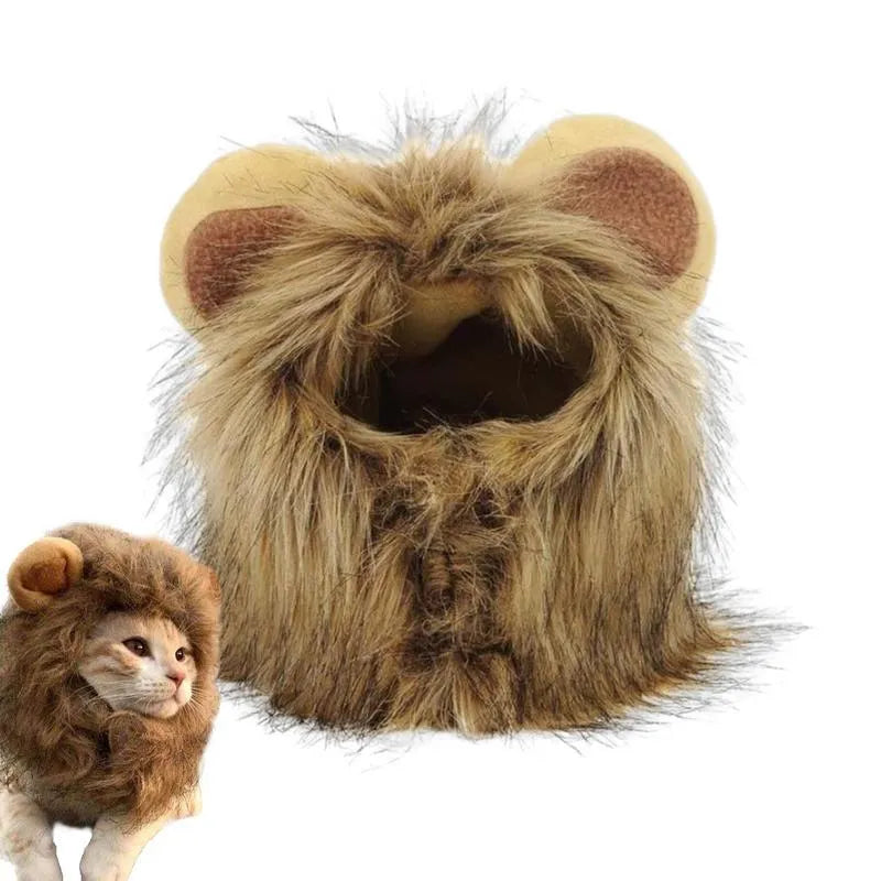 Lion mane wig for cats on a pet, showing adjustable band and realistic artificial hair.