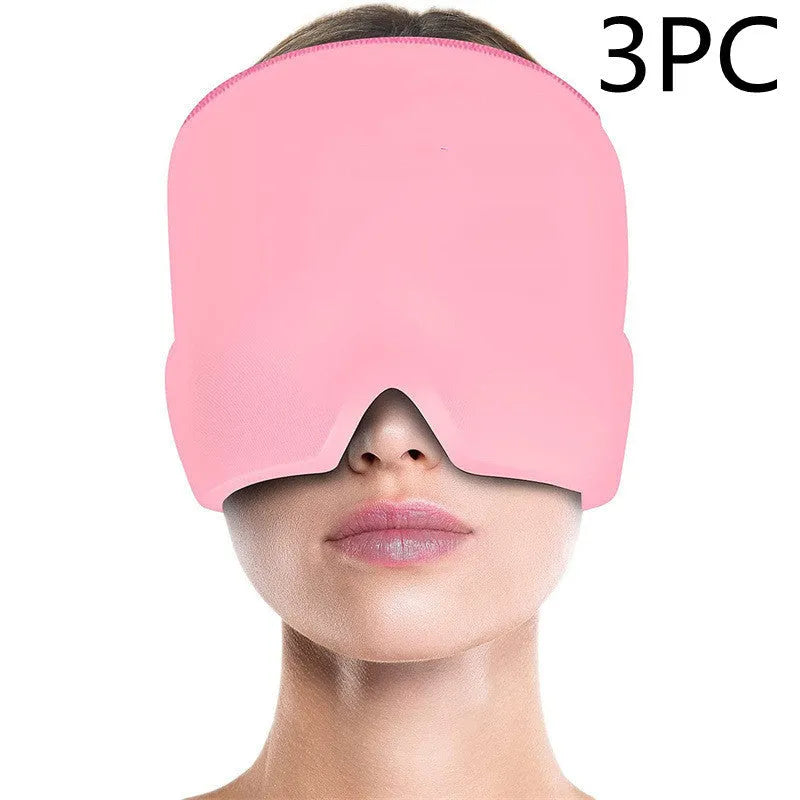 Cold therapy gel eye mask for headache relief in black colour on forehead