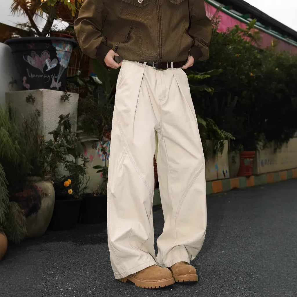 Men's pleated straight trousers with elastic waistband in black brown apricot colours
