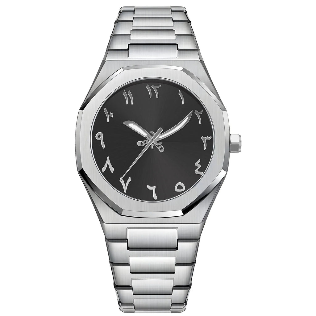Men's stainless steel business casual quartz watch on wrist, showing 10mm thickness and black silver scale dial.