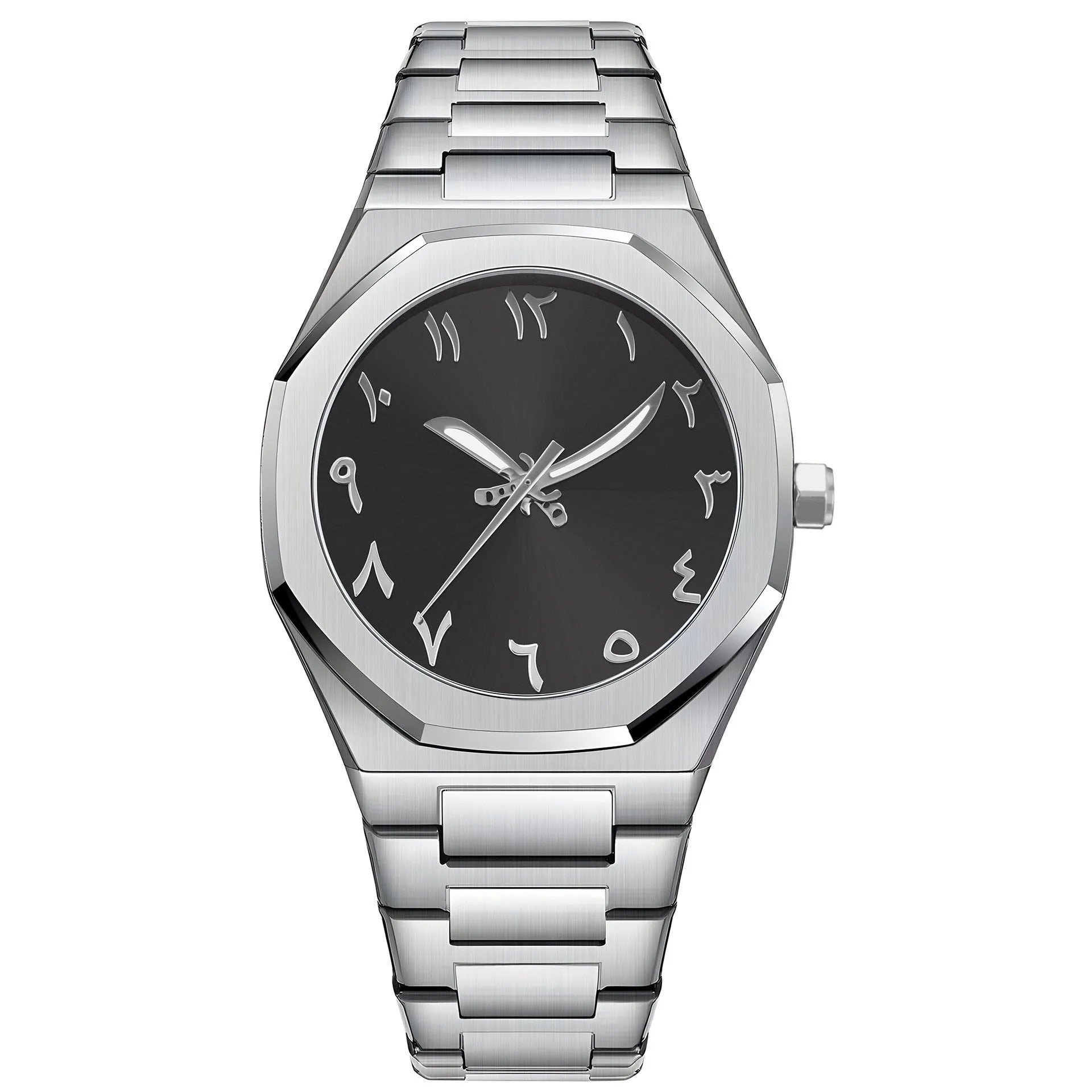 Men's stainless steel business casual quartz watch on wrist, showing 10mm thickness and black silver scale dial.