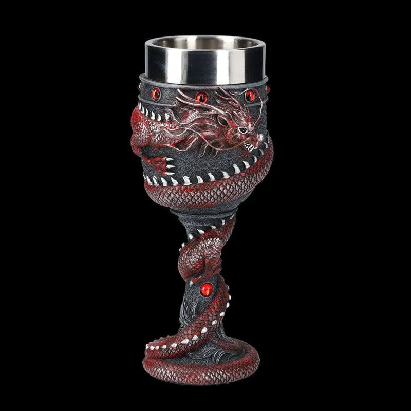 Red wine glass with gold 3D dragon resin design on stainless steel base.